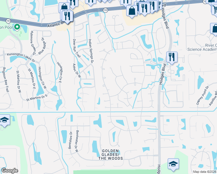 map of restaurants, bars, coffee shops, grocery stores, and more near 2303 The Woods Drive in Jacksonville