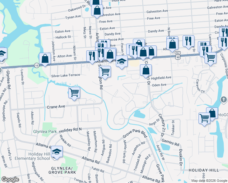 map of restaurants, bars, coffee shops, grocery stores, and more near 272 Aralia Lane in Jacksonville