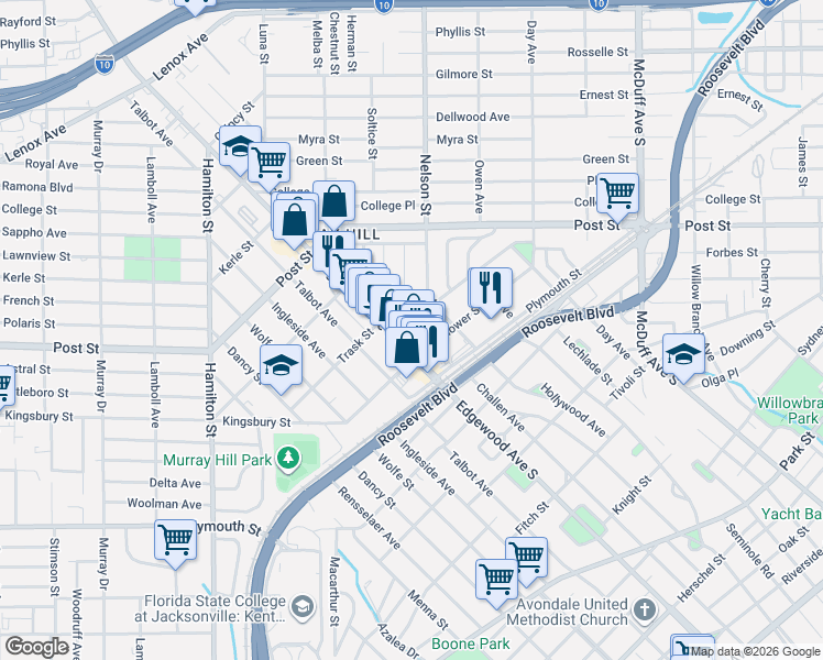 map of restaurants, bars, coffee shops, grocery stores, and more near 3524 Corby Street in Jacksonville