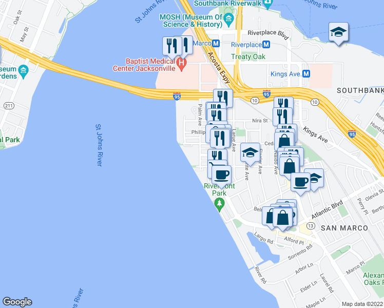 map of restaurants, bars, coffee shops, grocery stores, and more near 800 Lasalle Street in Jacksonville