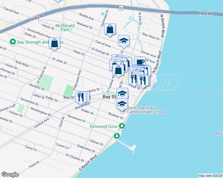 map of restaurants, bars, coffee shops, grocery stores, and more near 303 Easterbrook Street in Bay Saint Louis