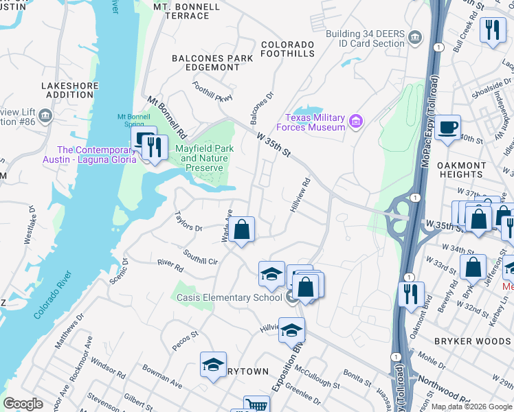 map of restaurants, bars, coffee shops, grocery stores, and more near 3200 Maywood Avenue in Austin
