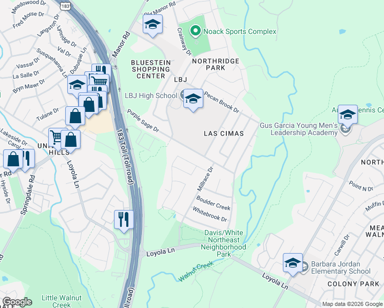 map of restaurants, bars, coffee shops, grocery stores, and more near 5409 Purple Sage Drive in Austin
