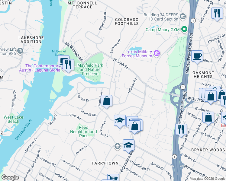 map of restaurants, bars, coffee shops, grocery stores, and more near 3200 Maywood Avenue in Austin