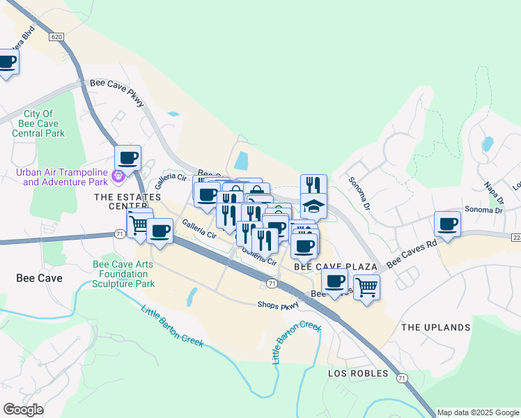 map of restaurants, bars, coffee shops, grocery stores, and more near 13501 Galleria Parkway in Bee Cave