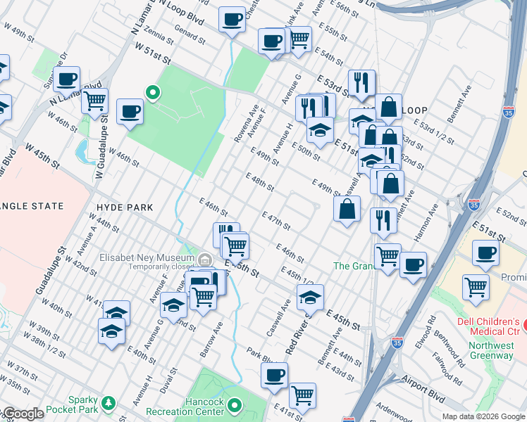 map of restaurants, bars, coffee shops, grocery stores, and more near 4701 Duval Street in Austin