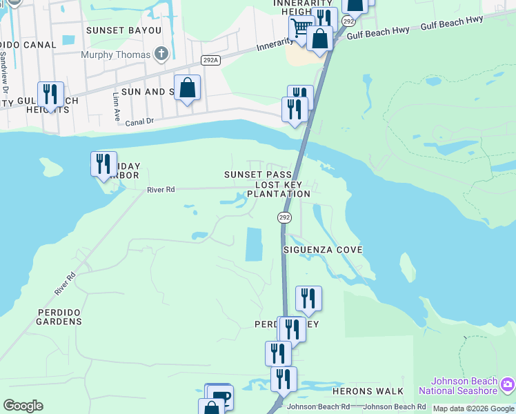 map of restaurants, bars, coffee shops, grocery stores, and more near 50 Maxfli Place in Pensacola
