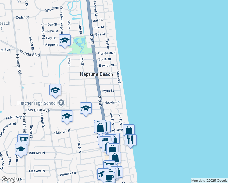 map of restaurants, bars, coffee shops, grocery stores, and more near 199 Oleander Street in Neptune Beach
