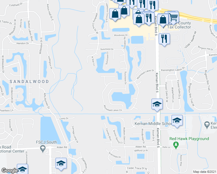 map of restaurants, bars, coffee shops, grocery stores, and more near 12135 Wynnfield Lakes Circle in Jacksonville