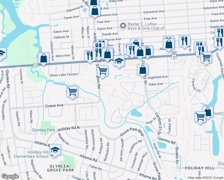 map of restaurants, bars, coffee shops, grocery stores, and more near 7600 Bailey Body Road in Jacksonville