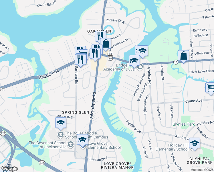 map of restaurants, bars, coffee shops, grocery stores, and more near 254 River Hills Drive in Jacksonville