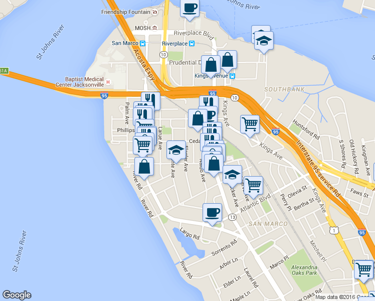 map of restaurants, bars, coffee shops, grocery stores, and more near 1305 Cedar Street in Jacksonville