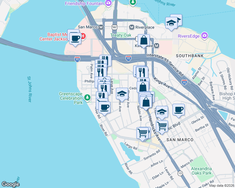 map of restaurants, bars, coffee shops, grocery stores, and more near 1470 Belmonte Avenue in Jacksonville