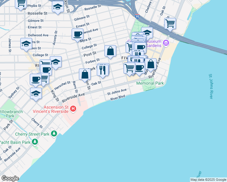 map of restaurants, bars, coffee shops, grocery stores, and more near in Jacksonville