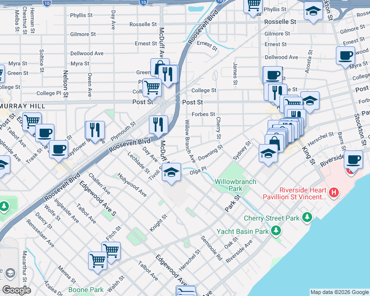 map of restaurants, bars, coffee shops, grocery stores, and more near 1088 Willow Branch Avenue in Jacksonville