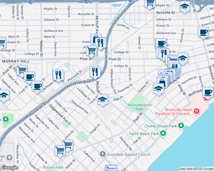 map of restaurants, bars, coffee shops, grocery stores, and more near 2950 Collier Avenue in Jacksonville