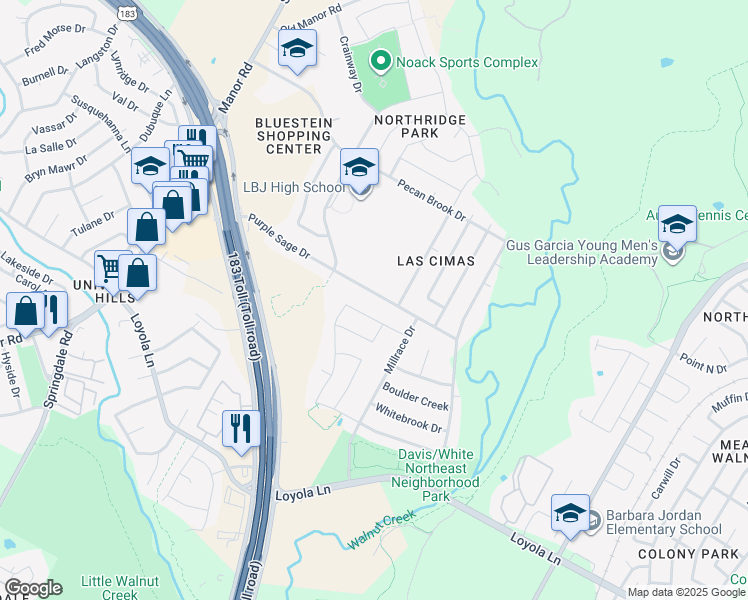 map of restaurants, bars, coffee shops, grocery stores, and more near 5409 Purple Sage Drive in Austin