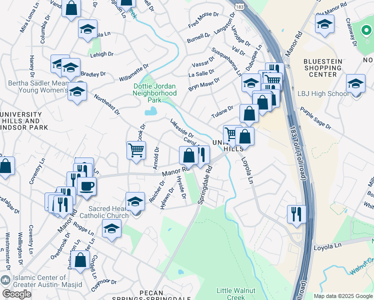 map of restaurants, bars, coffee shops, grocery stores, and more near 3207 Lakeside Drive in Austin
