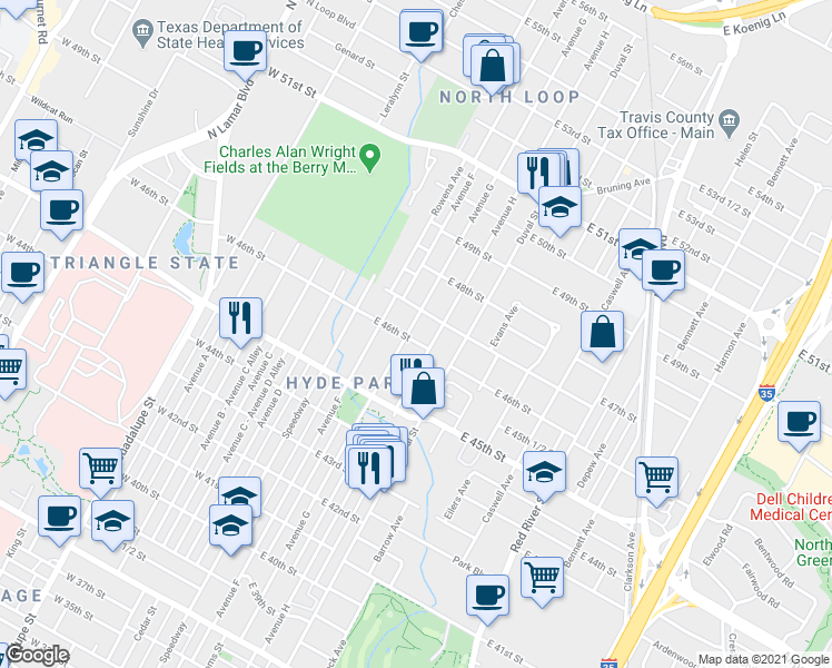 map of restaurants, bars, coffee shops, grocery stores, and more near 106 East 47th Street in Austin