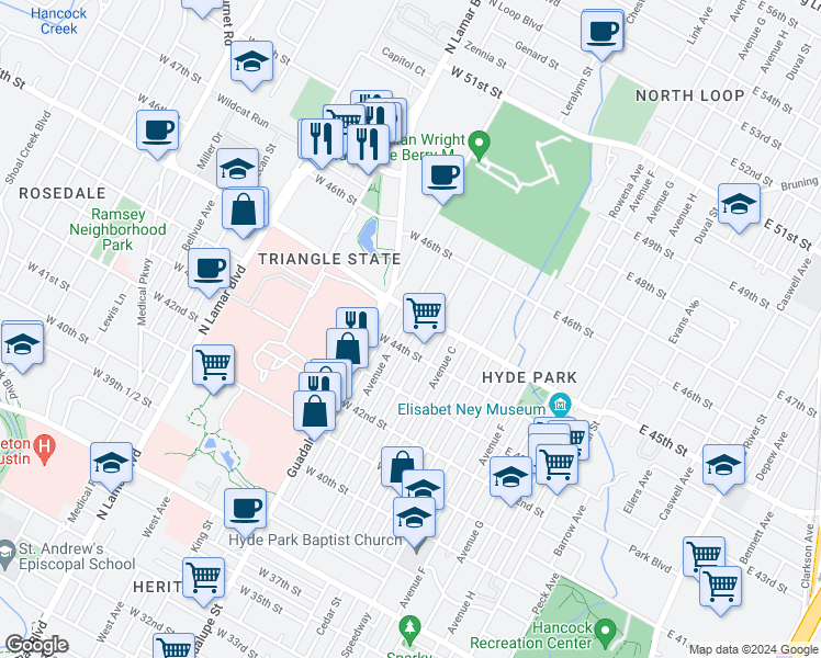 map of restaurants, bars, coffee shops, grocery stores, and more near in Austin