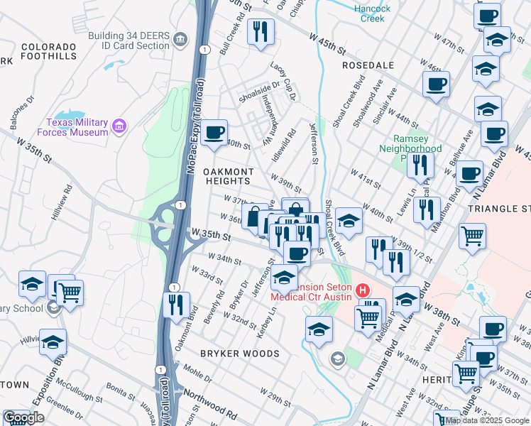 map of restaurants, bars, coffee shops, grocery stores, and more near 3710 Lawton Avenue in Austin