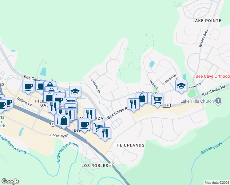 map of restaurants, bars, coffee shops, grocery stores, and more near 3405 Normandy Ridge Lane in Austin