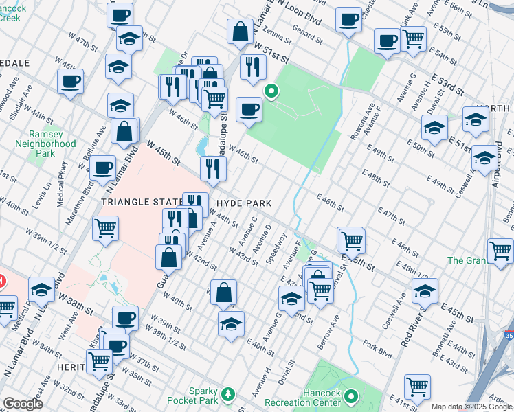 map of restaurants, bars, coffee shops, grocery stores, and more near 4504a Avenue B in Austin