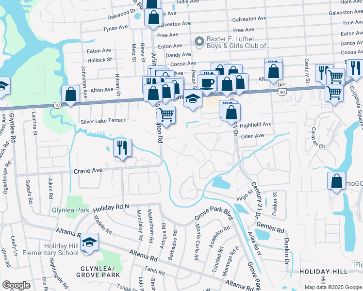 map of restaurants, bars, coffee shops, grocery stores, and more near 7600 Bailey Body Road in Jacksonville