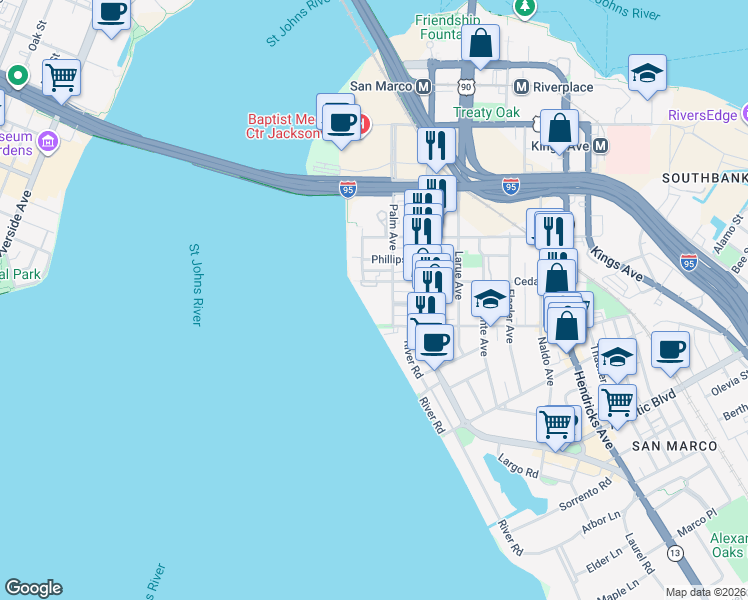 map of restaurants, bars, coffee shops, grocery stores, and more near 817 Cedar Street in Jacksonville