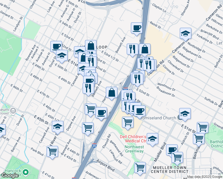 map of restaurants, bars, coffee shops, grocery stores, and more near 1000 East 51st Street in Austin