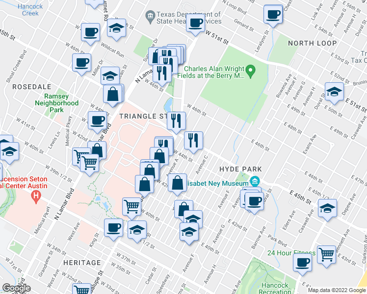 map of restaurants, bars, coffee shops, grocery stores, and more near 4406 Avenue A in Austin