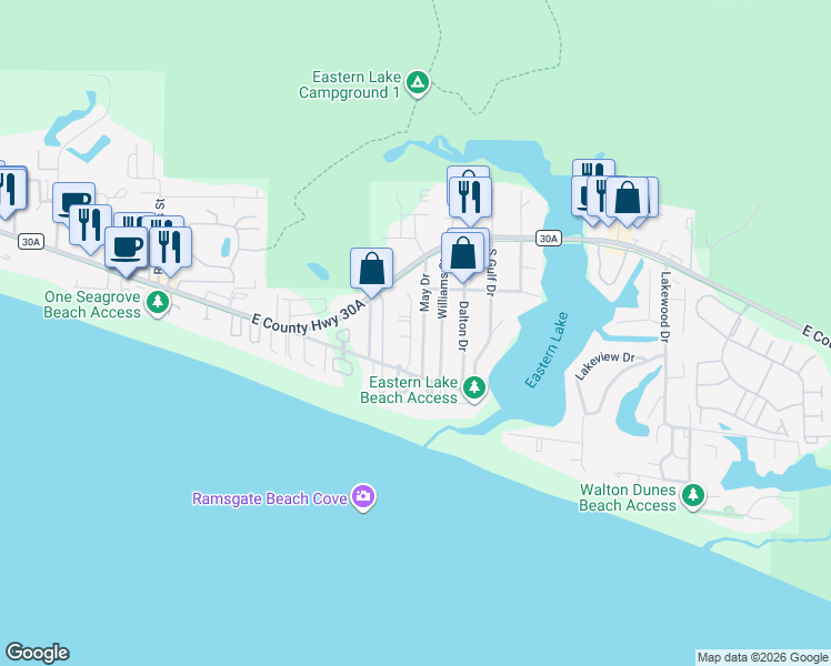 map of restaurants, bars, coffee shops, grocery stores, and more near 135 May Drive in Santa Rosa Beach