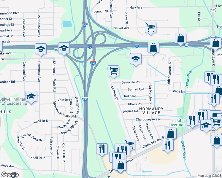 map of restaurants, bars, coffee shops, grocery stores, and more near 780 Le Brun Drive in Jacksonville