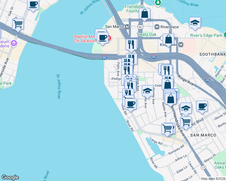 map of restaurants, bars, coffee shops, grocery stores, and more near 817 Cedar Street in Jacksonville