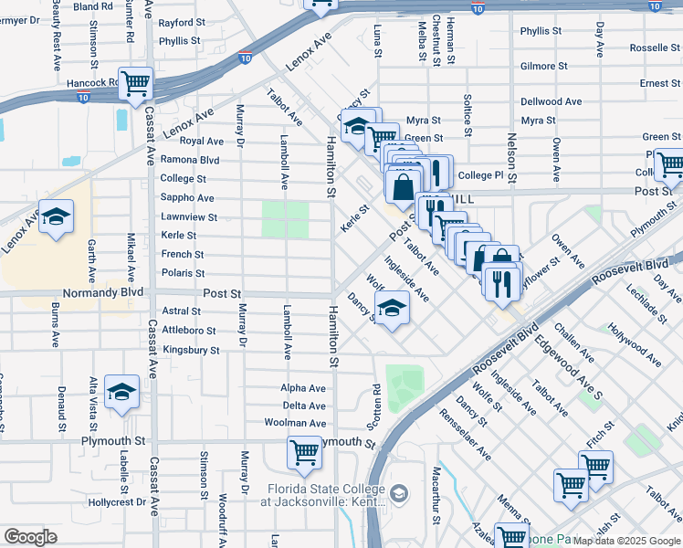 map of restaurants, bars, coffee shops, grocery stores, and more near 932 Wolfe Street in Jacksonville