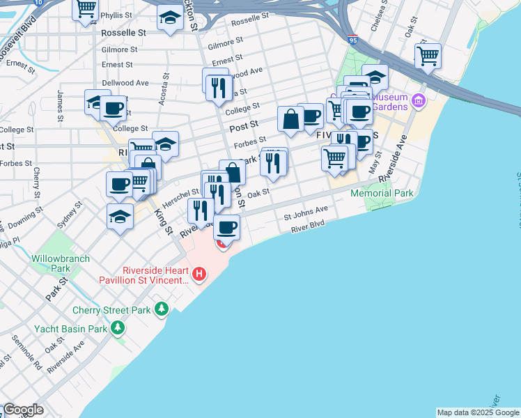 map of restaurants, bars, coffee shops, grocery stores, and more near 2338 Oak Street in Jacksonville