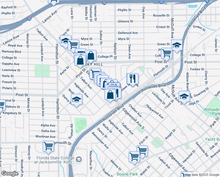 map of restaurants, bars, coffee shops, grocery stores, and more near 3505 Corby Street in Jacksonville