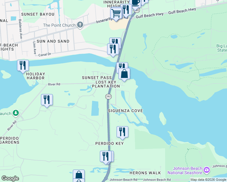 map of restaurants, bars, coffee shops, grocery stores, and more near 6131 Don Carlos Drive in Pensacola