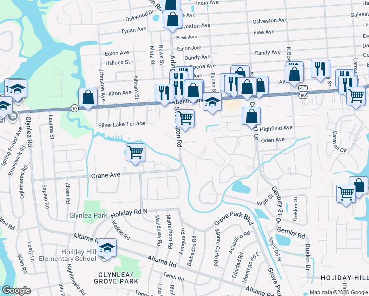 map of restaurants, bars, coffee shops, grocery stores, and more near 272 Aralia Lane in Jacksonville