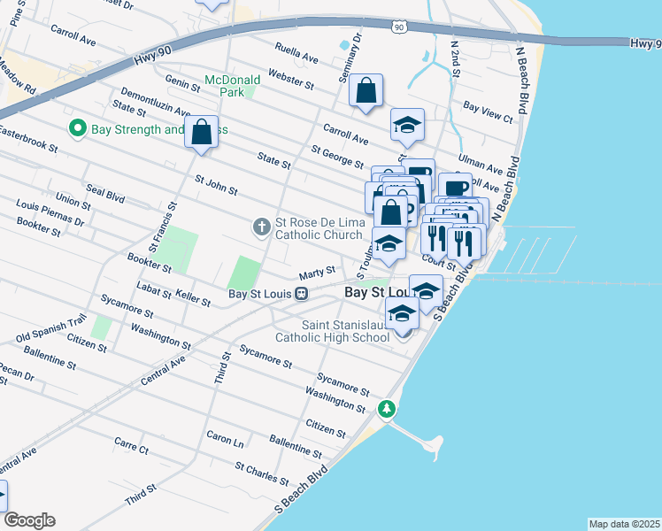 map of restaurants, bars, coffee shops, grocery stores, and more near 319-321 Easterbrook St in Bay St. Louis