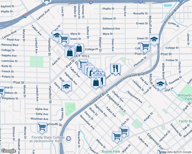 map of restaurants, bars, coffee shops, grocery stores, and more near 3505 Corby Street in Jacksonville