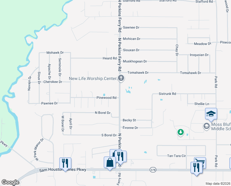 map of restaurants, bars, coffee shops, grocery stores, and more near 643 North Perkins Ferry Road in Lake Charles