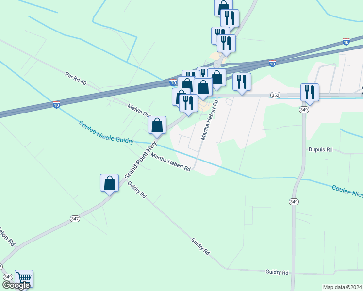 map of restaurants, bars, coffee shops, grocery stores, and more near 1013 Ashley Lane in Breaux Bridge