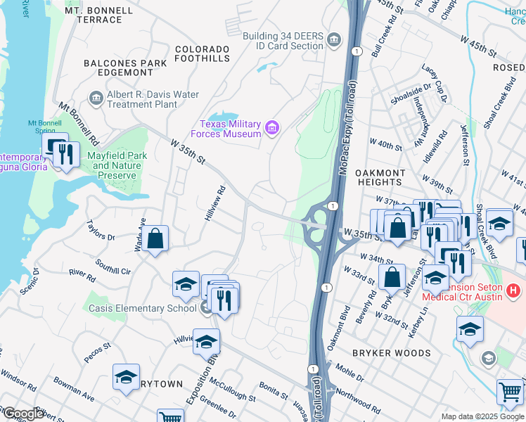 map of restaurants, bars, coffee shops, grocery stores, and more near West 35th Street in Austin