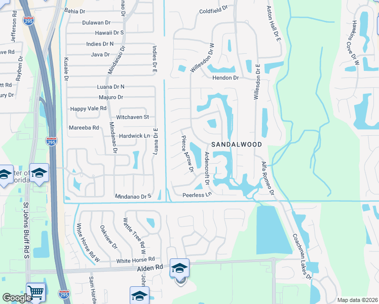 map of restaurants, bars, coffee shops, grocery stores, and more near 2201 Pierce Arrow Drive in Jacksonville