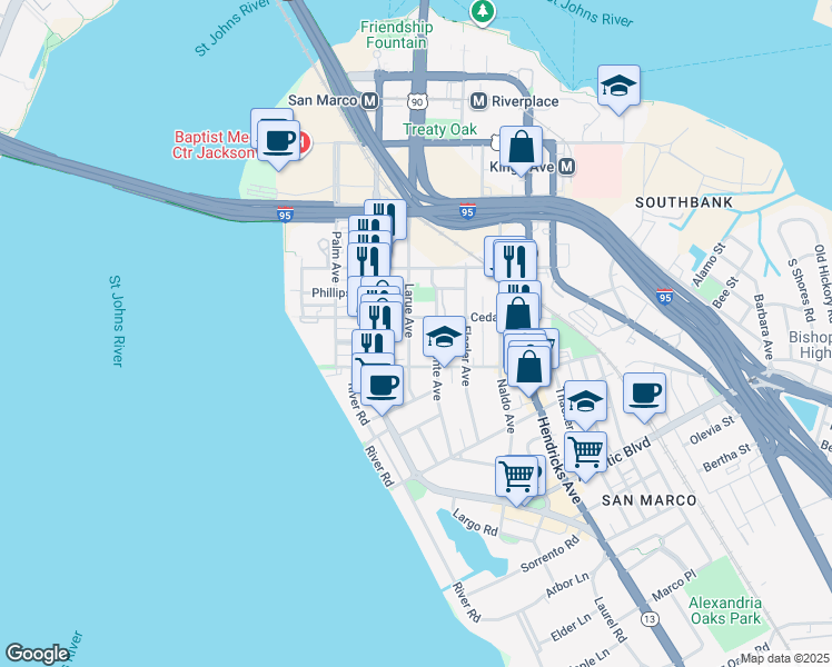 map of restaurants, bars, coffee shops, grocery stores, and more near 1470 Belmonte Avenue in Jacksonville