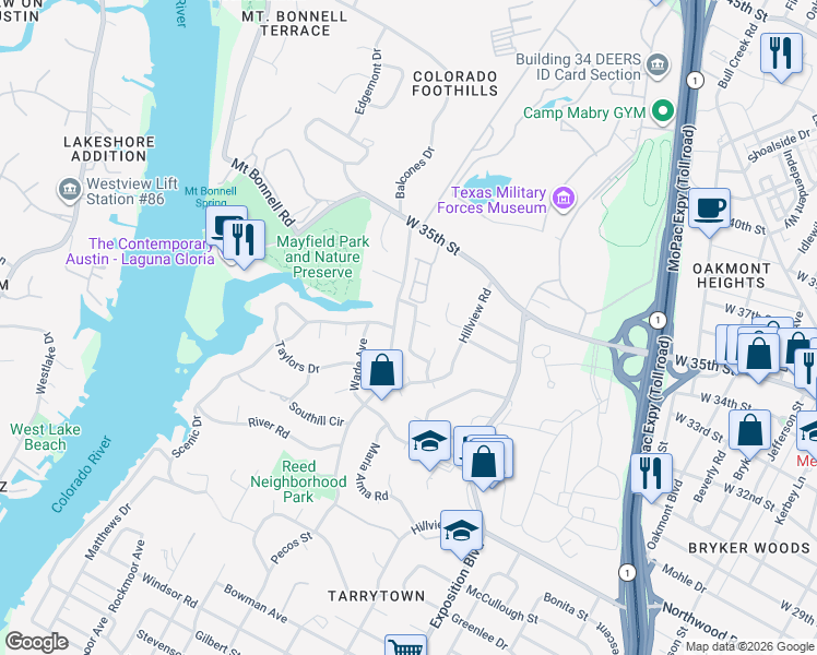 map of restaurants, bars, coffee shops, grocery stores, and more near 3008 Maywood Circle in Austin