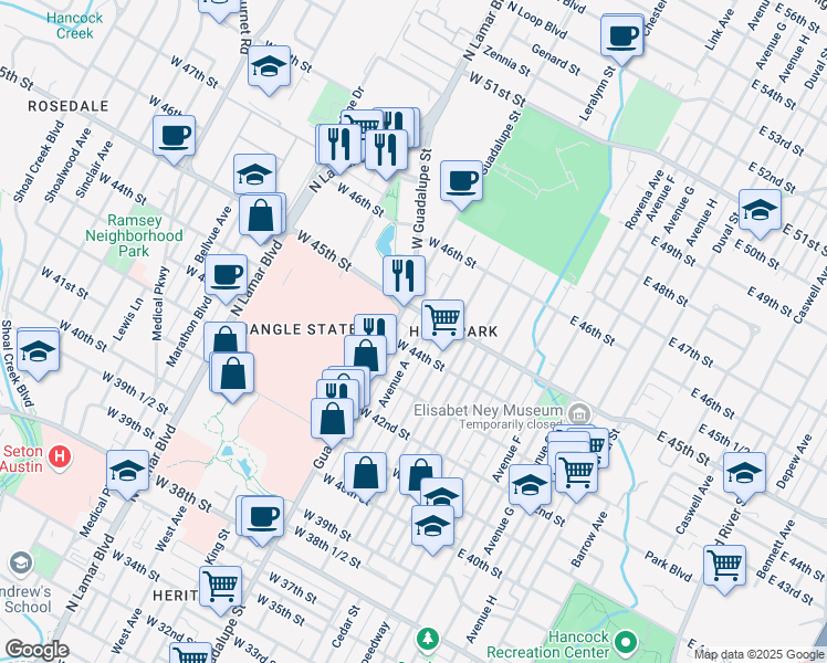 map of restaurants, bars, coffee shops, grocery stores, and more near in Austin