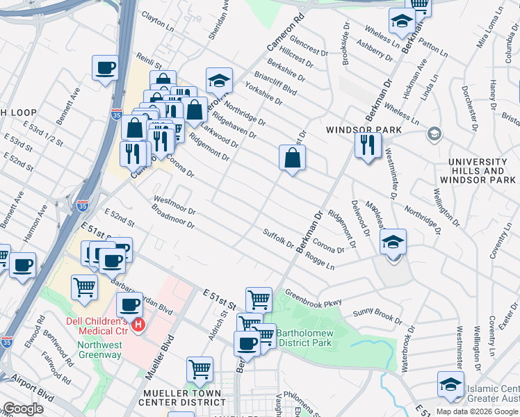 map of restaurants, bars, coffee shops, grocery stores, and more near 1420 Corona Drive in Austin