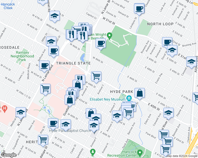 map of restaurants, bars, coffee shops, grocery stores, and more near W 45th St & Avenue B in Austin
